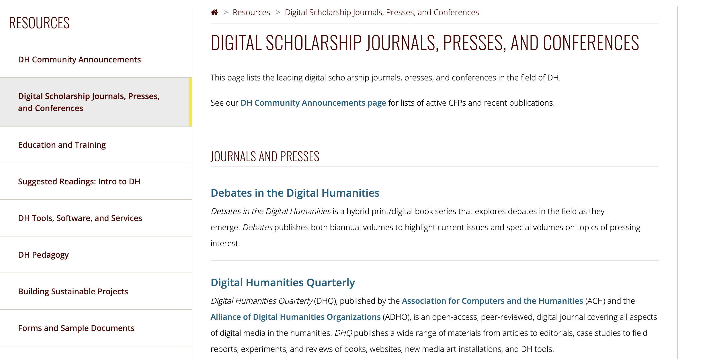 DH Journals, Presses and Conferences screenshot