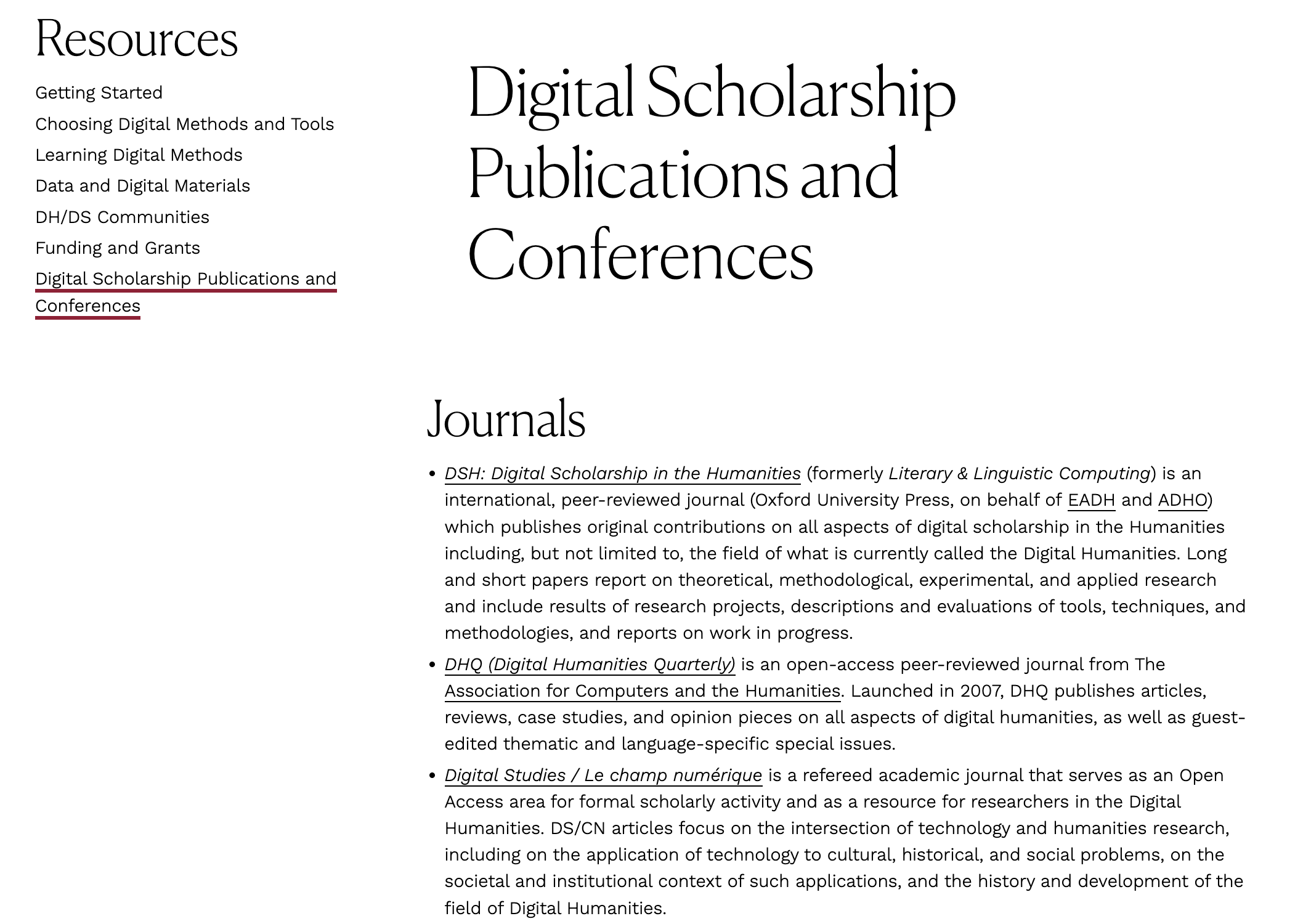 DH Publications and Conferences screenshot