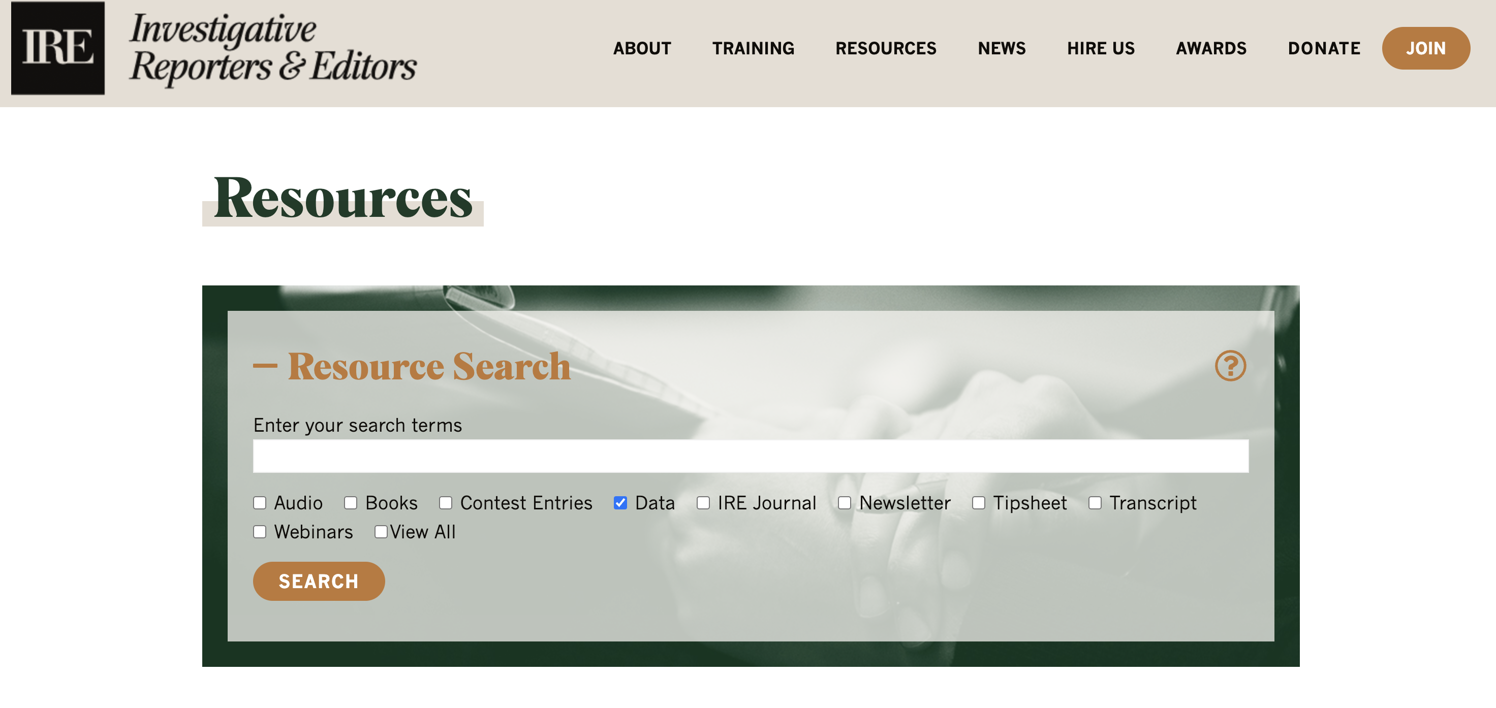 Investigative Reporters and Editors Data Resources screenshot