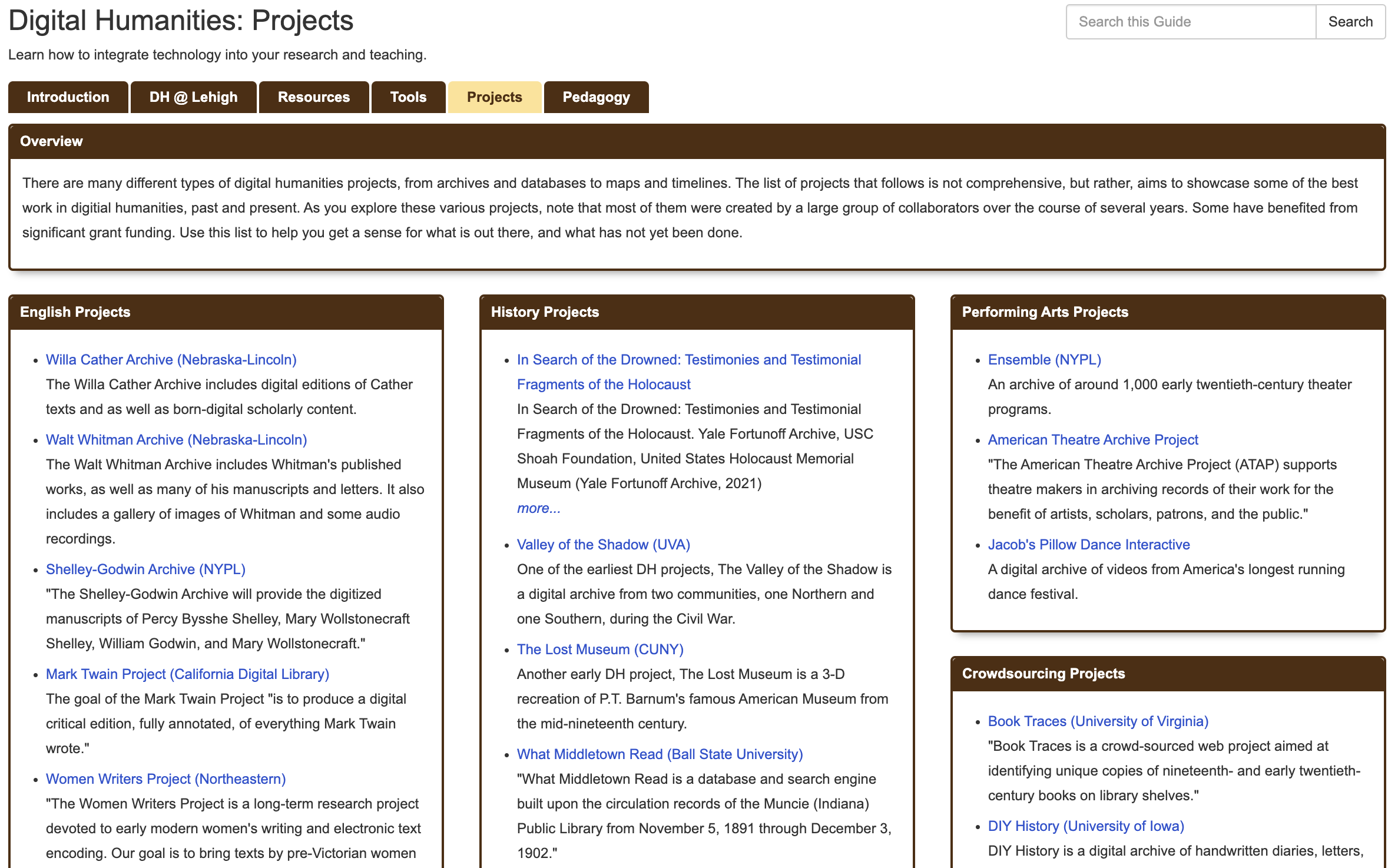 Lehigh DH Example Projects screenshot