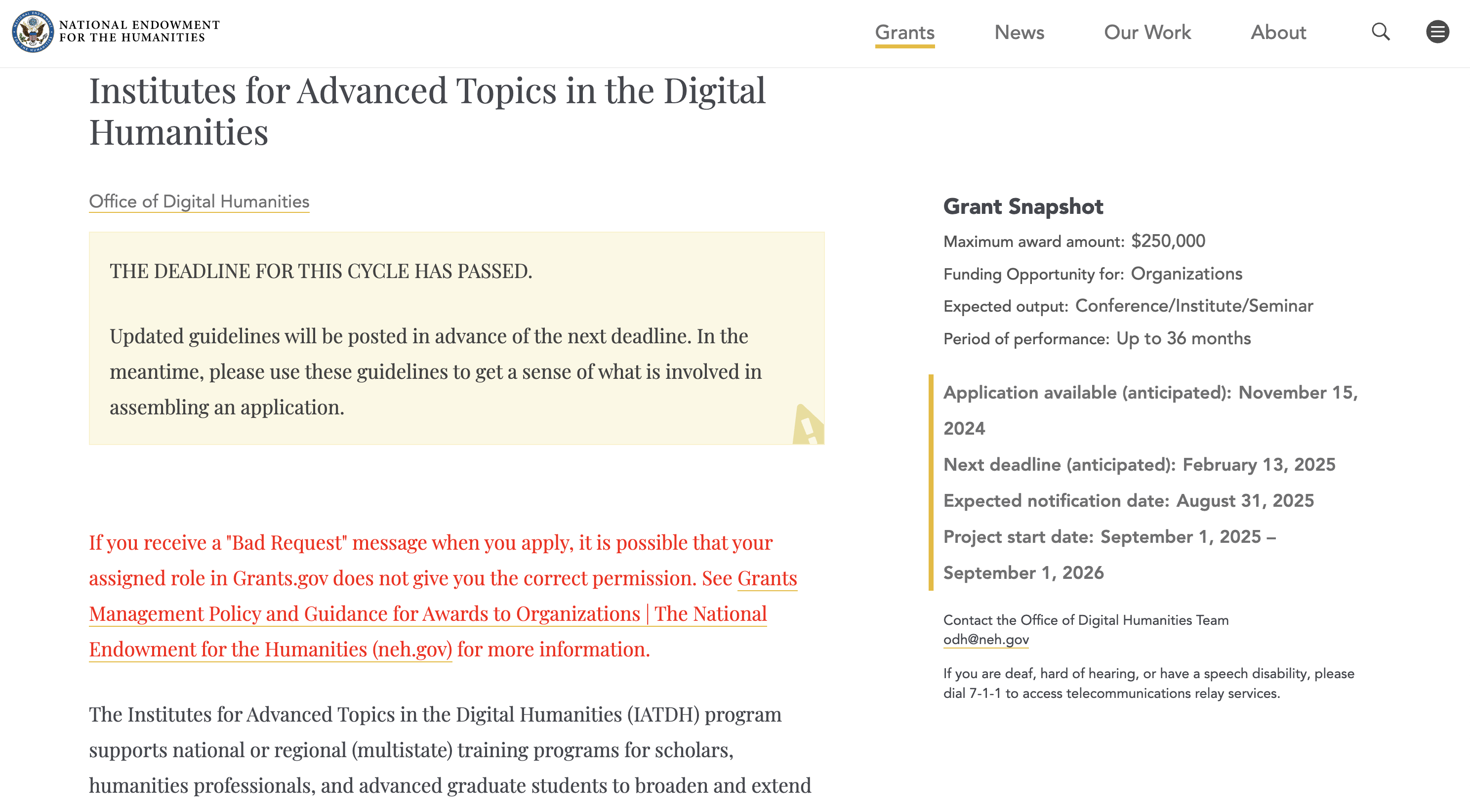 National Endowment for the Humanities screenshot