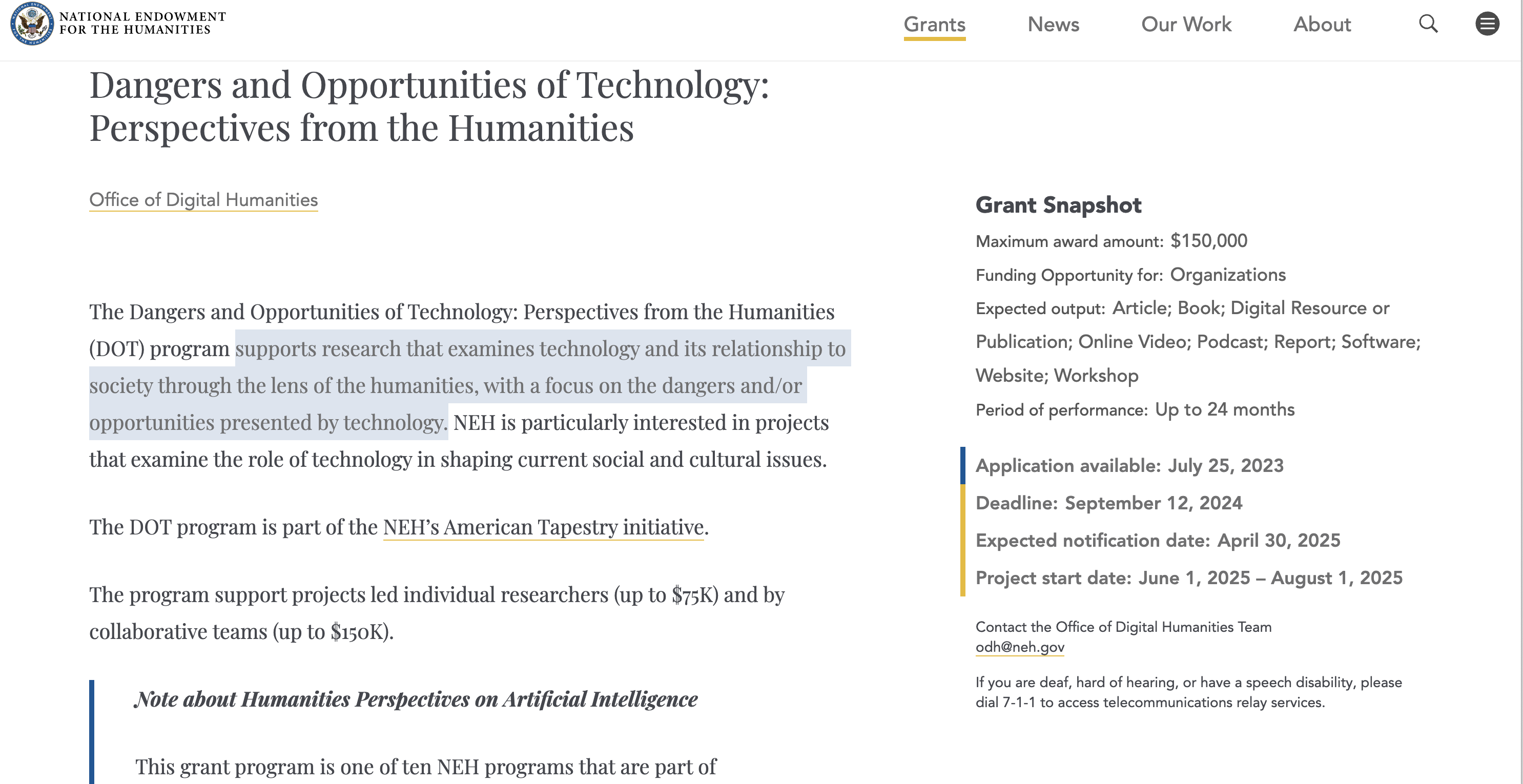 NEH: Dangers and Opportunities of Technology: Perspectives from the Humanities screenshot