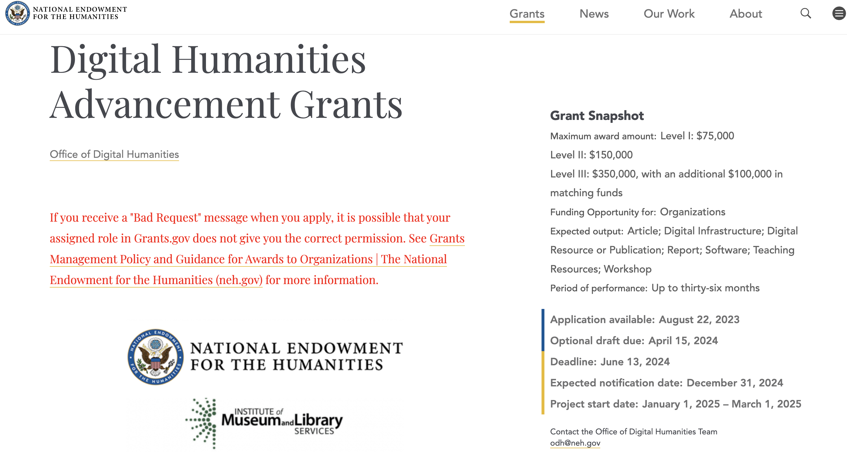 NEH: Digital Humanities Advancement Grants screenshot