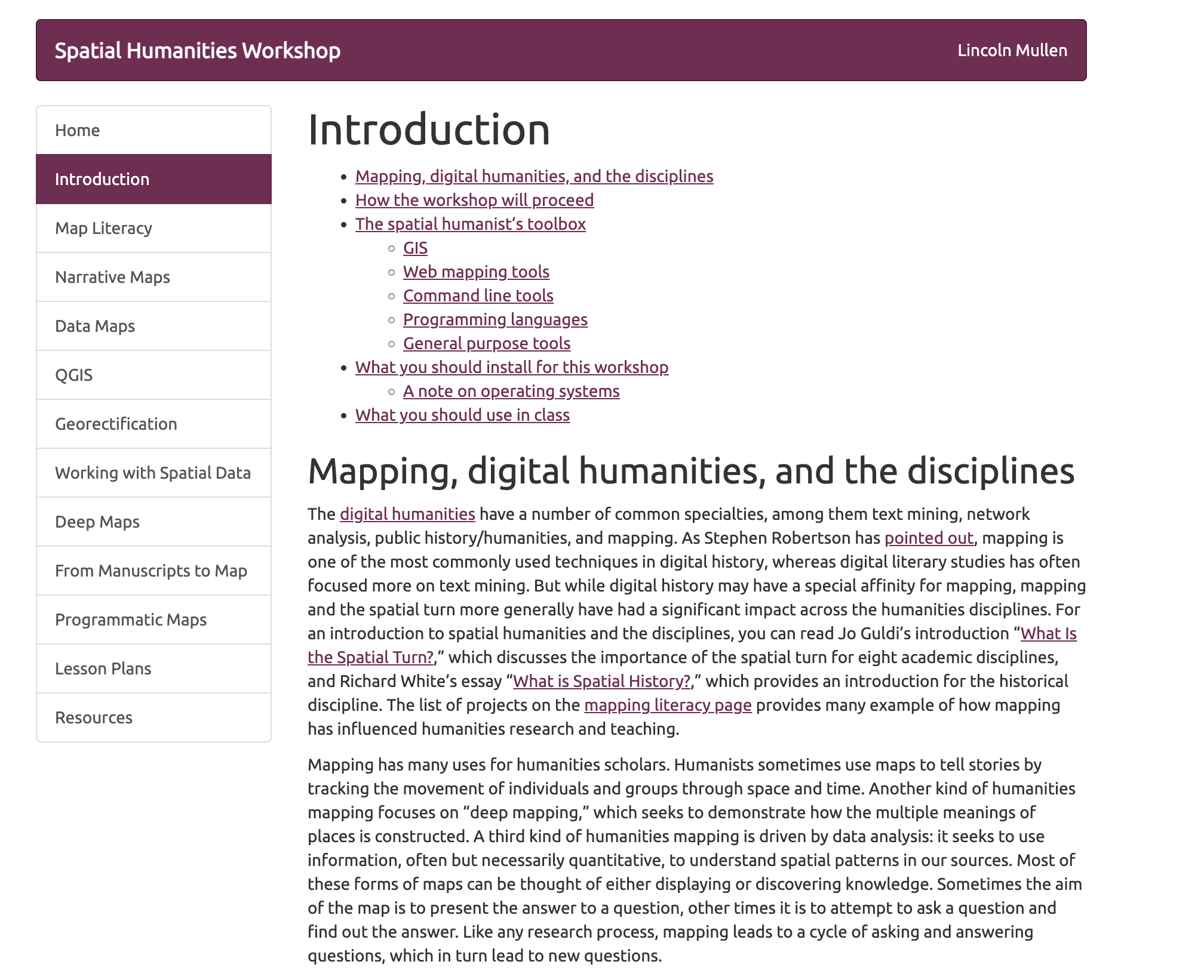 Spatial Humanities Workshop screenshot
